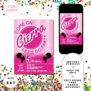 Black Afro Fashion Doll Party Invitation, Doll Birthday Party, Hot Pink Birthday Party Invitation, Pink Birthday Invitation, Canva Download
