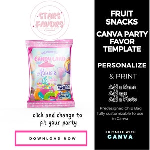 Candy Land Sweets Birthday Party Fruit Snacks Favor CANVA template Party Favor custom party bundle,party favor custom bags kids favor