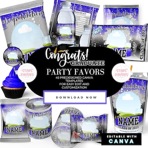 Class of 2025 Graduation Blue Silver Party Favor Canva Template Bundle, Chip Bags, Digital Favor Instant Download, Rice Treat Wrapper