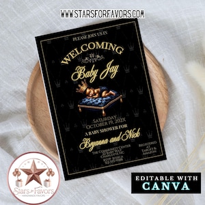 Invitación digital para baby shower del Principito / Tema real negro y dorado / Plantillas editables de Canva