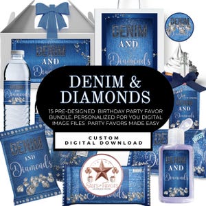 Denim & Diamonds Digital Party Favor Bundle | Personalized Download | 15 Custom Favor Labels | Elegant Birthday Party Theme