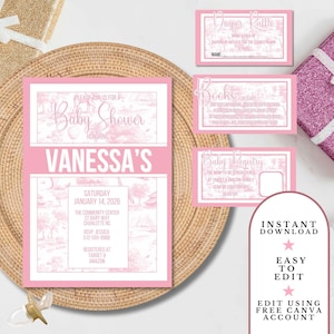 Pink Toile Safari Baby Shower Invitation, Safari Animal Baby Girl Shower Digital Invite, Toile de Jouy Baby Shower Invite Light Pink Safari