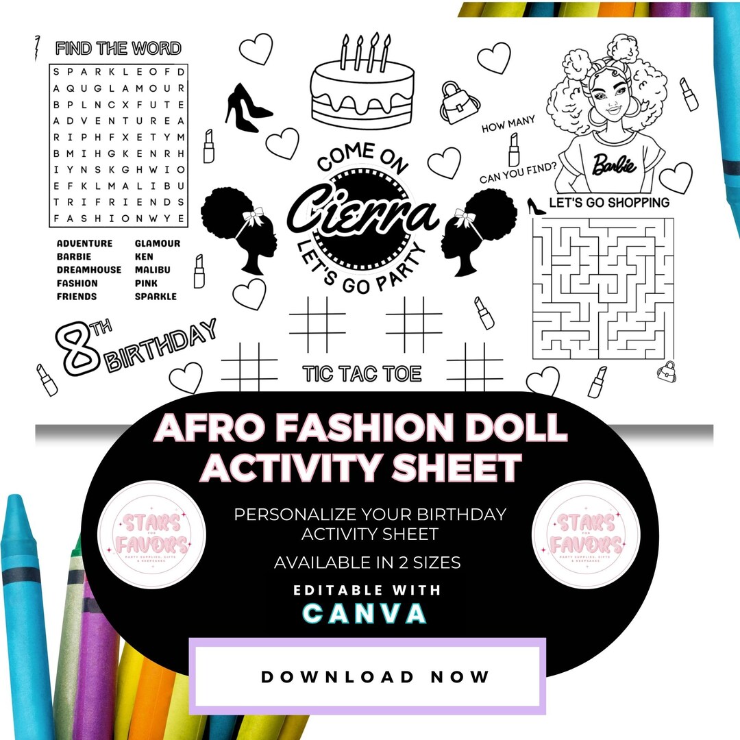 Afro Fashion Doll Birthday Party Coloring Placemat, Personalized ...