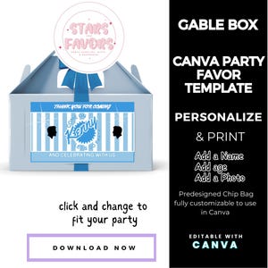 Ken Dolls Birthday Party CANVA template Gable Box Gift Bag custom party treat, party favor package custom chip bag Digital Download