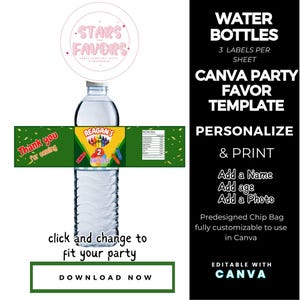 Plantillas CANVA de etiquetas para envoltorios de botellas de agua personalizadas para fiestas de cumpleaños con crayones, bolsas de refrigerio personalizadas, regalos, DESCARGA DIGITAL