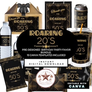 Roaring 20s Birthday Party Favor Bundle | Editable Canva Templates | Great Gatsby Art Deco Theme | Instant Digital Download