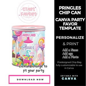 Candy Land Sweets Birthday Party Pringles Chip Can CANVA template Party Favor custom party bundle,party favor custom chip bags kids favors