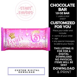Pink Princess Crown Birthday Party Custom Chocolate Bar Wrapper label, Princess party personalized custom Treats Favors DIGITAL DOWNLOAD