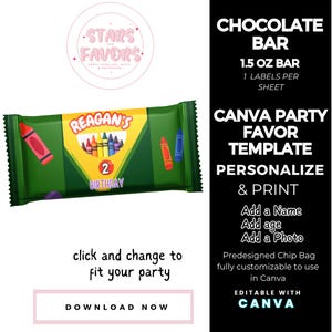 Crayon Color Birthday Party Personalized Chocolate Bar Wrapper Label CANVA templates Custom Favor snack bags favors DIGITAL DOWNLOAD