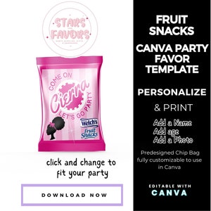 Afro Fashion Doll Lets Go Party Birthday Party Fruit Snack Wrapper Label CANVA templates Custom Favor bags snack bags favors