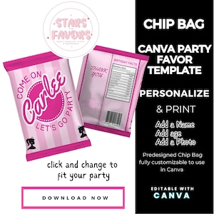Classic Pink Fashion Doll Birthday Party Chip Bag CANVA templates Custom Favor party favor custom chip bags snack bags kids favors