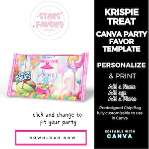 Candy Land Sweets Birthday Party Rice Krispie Treat CANVA template Party Favor custom party bundle,party favor custom chip bags kids favors