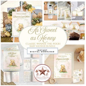 Paquete de baby shower de Winnie the Pooh: Invitación de acuarela y juegos (Plantilla de Canva - Descarga digital)