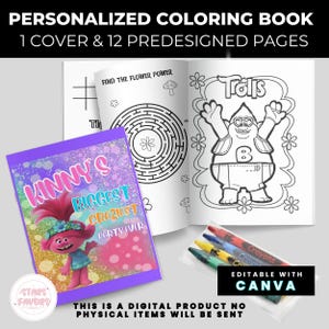 Trolls Birthday Party Coloring Book, Personalized, Printable, Custom, Printable Coloring Sheets For Birthday Party Canva Template Printable