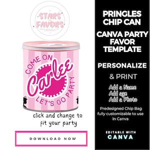 Classic Pink Fashion Doll Birthday Party Pringles Chip Can CANVA templates Custom Favor party favor custom chip bags snack bags kids favors