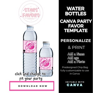 Classic Pink Fashion Doll Birthday Party Water Bottle Label CANVA templates Custom Favor party favor custom chip bags snack bags kids favors