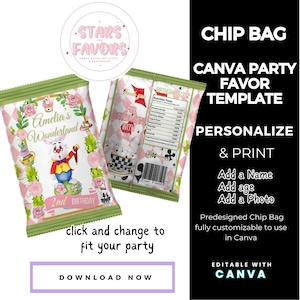 Alice in Wonderland Birthday Party  Chip Bag Wrapper Label CANVA templates Custom Favor party favor bags snack bags favors