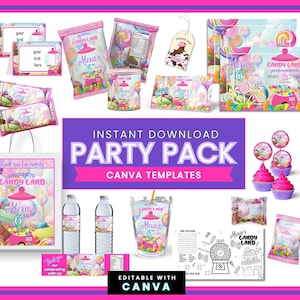 Sweets Candy Land Birthday Party Favors Labels, Party Invite, Candy Land Printable, Chip bag Editable Canva Template Digital Download