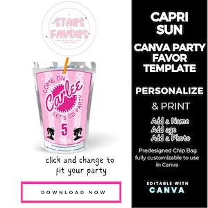 Classic Pink Fashion Doll Birthday Party Juice Pouch CANVA templates Custom Favor party favor custom chip bags snack bags kids favors