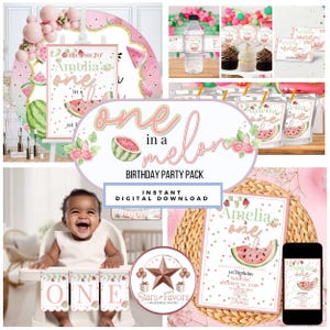 One in a Melon Birthday Party Pack | Editable Canva Templates | Instant Digital Download | Watermelon Theme 1st Birthday Bundle