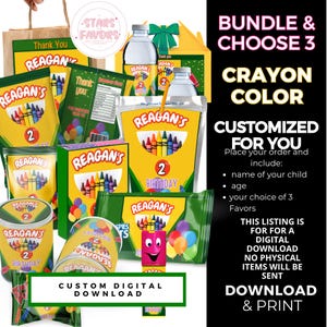 Choose 3 Crayon Color Birthday Party Favor bundle, party favor package custom chip bags snack bags kids favors DIGITAL DOWNLOAD