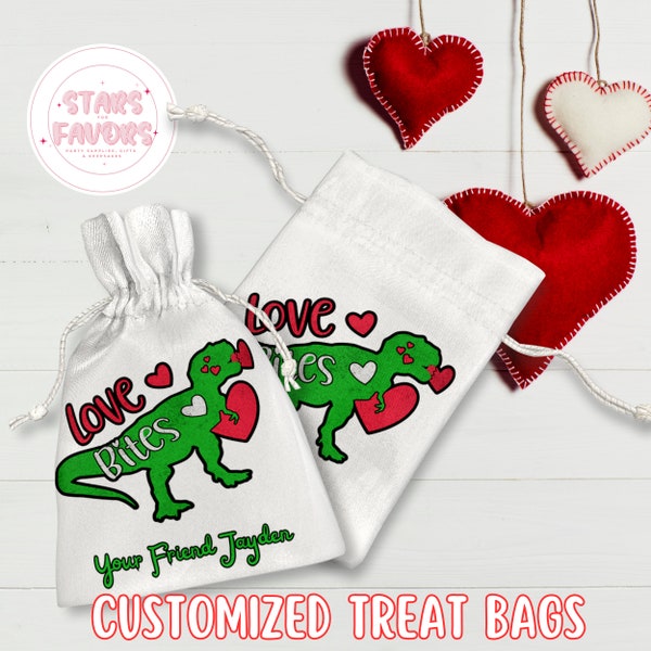 Custom Dinosaur Valentine's Day Party Favor Bags for Kids, Candy Bag, Set of 10 Personalized Treat Bag Classroom Gifts Add Your Name