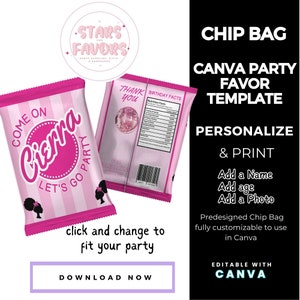 Afro Fashion Doll Lets Go Party Birthday Party Chip Bag Wrapper Label CANVA templates Custom Favor snack bags favors