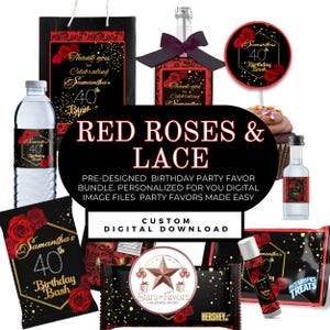 Red Roses & Lace Birthday Party Favor Bundle: Personalized Printable Decor (Digital Files)