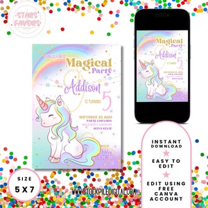 Invito alla festa di compleanno dell&#39;unicorno magico, compleanno arcobaleno, invito alla festa di compleanno pastello Invito di compleanno, download immediato di Canva