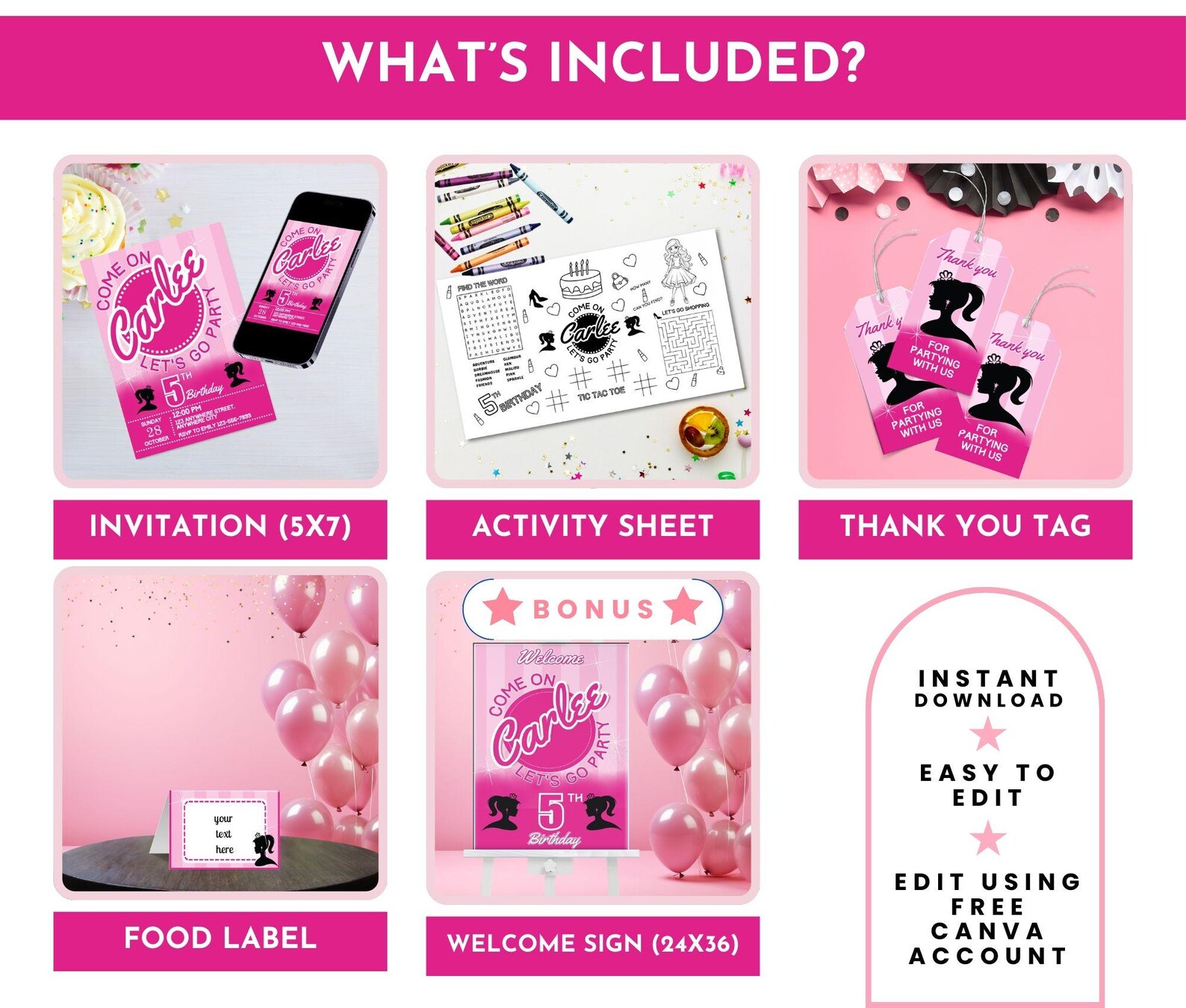 Classic Pink Fashion Doll Party Labels, Girl Birthday, Pink Doll Invite ...