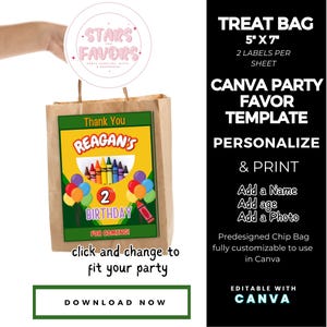 Crayon Color Birthday Party Personalized Treat bag Label CANVA templates Custom Favor snack bags favors DIGITAL DOWNLOAD