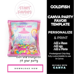 Candy Land Sweets Birthday Party Goldfish Cracker Favor CANVA template Party Favor custom party bundle,party favor custom bags kids favor
