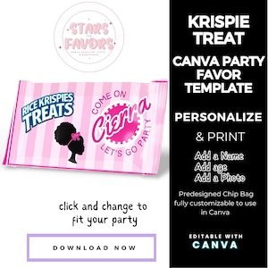 Afro Fashion Doll Lets Go Party Birthday Party Krispie Treat Wrapper Label CANVA templates Custom Favor bags snack bags favors
