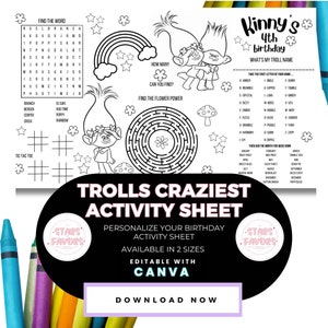 Trolls Birthday Party Coloring Placemat, Personalized, Printable, Custom, Activity Mat For Birthday Party Size Canva Template Printable