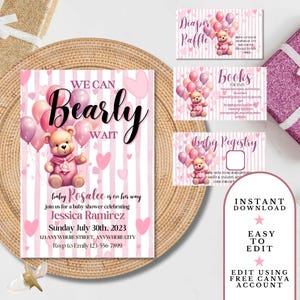 We Can Bearly Wait Baby Shower Invitation, Editable Teddy Bear Baby Shower Invitation, Balloon Bear Shower, Pink Baby Shower, Canva Template