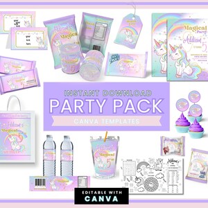 Magical Unicorn Birthday Party Labels, Unicorn Party Invite, Western Printable favors, Chip bag Editable Canva Template Digital Download