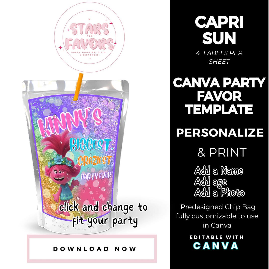 Trolls Birthday Party Capri Sun Label: Editable Favor Wrapper (digital ...