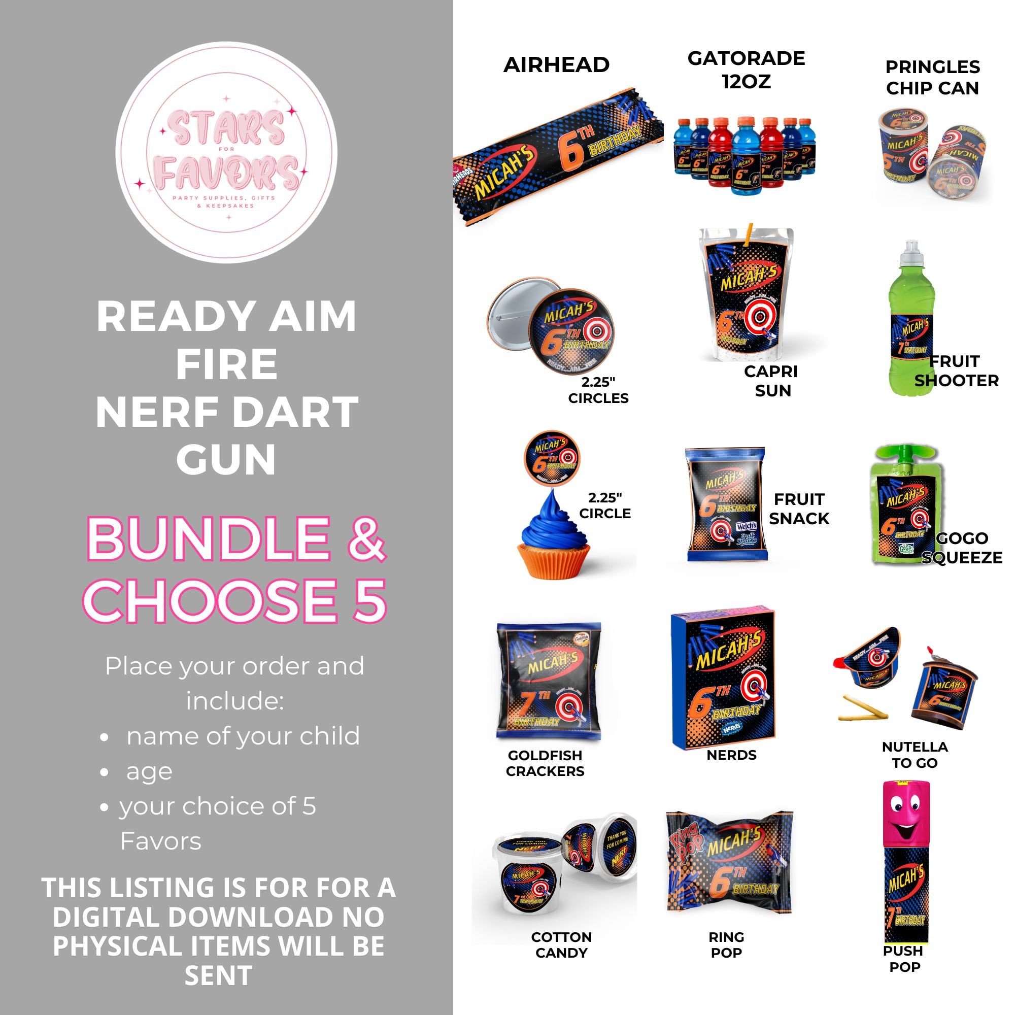 Choose 5 Ready Aim Fire Dart Gun Birthday Party Favor bundle, party favor  package custom chip bags snack bags kids favors DIGITAL DOWNLOAD, image size:2000x2000