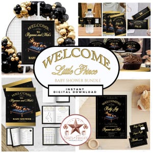 Paquete para baby shower del Principito: Tema negro real y dorado (Plantilla de Canva - Descarga digital)