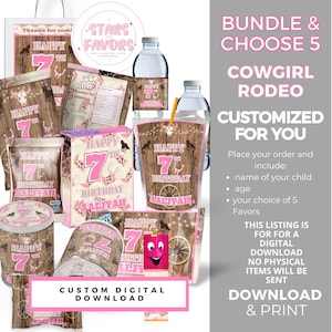 Choose 5 Pink Cowgirl Rodeo Birthday Party Favor bundle, Western party favor package custom chip bags snack bags kids favor DIGITAL DOWNLOAD