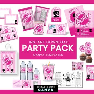 Classic Pink Fashion Doll Party Labels, Girl Birthday, Pink Doll Invite, Doll party favors, Doll Chip bag Canva Template Digital Download