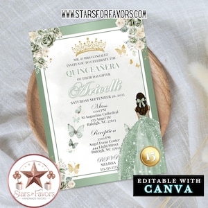 Editable Sage Green Gold Quinceañera Invitation template, Mis Quince Invitation, Quinceanera Invitation, Quinceañera