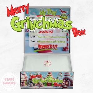 Grinchmas Christmas Eve Treat Gift Box Personalizowane Wesołe Pudełko Wigilijne, Chłopcy Dziewczęta Niestandardowe Imię, Pudełka na Pamiątki Bożonarodzeniowe, Wieczór Filmowy