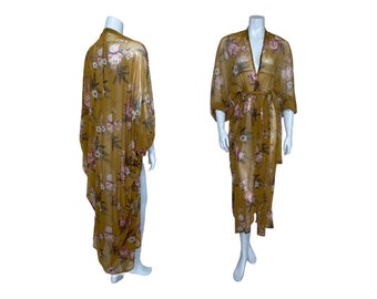 1920s Style Gold Floral Print Cocoon Coat, Kikono Robe, Duster