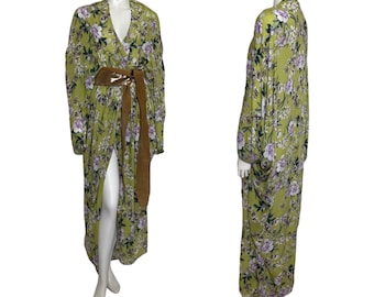 Floral Duster Robe, 1920s Style Cocoon Duster, Green Floral Kimono