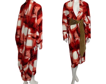 Red Abstract Print Duster, 1920s Style Cocoon Coat, Kimono Robe