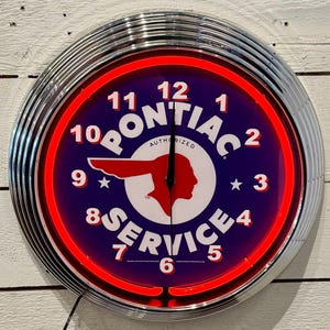 Pontiac Service Neon Wall Clock | Red Neon Garage Clock | Retro Style GM Car Decor | Vintage Auto Shop Wall Clock | Real Neon Light