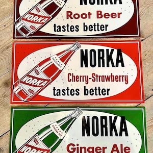 1950s Vintage Norka Soda Signs | Vintage Soda Sign, 1950s Wall Decor, Retro Pop, Diner Wall Decor, Root Beer, Ginger Ale, Cherry Soda