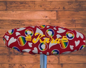 Red with Hearts Rainbow Pride Cotton Curling Broom covers ~ w personalization & curling stones ~ Made in Canada ~  Free Shipping