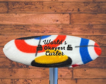 Cotton Curling Broom covers ~ White/Black/Teal Fleece with World's Okayest Curler  ~ Made in Canada  ~ Free Ship Christmas Gift